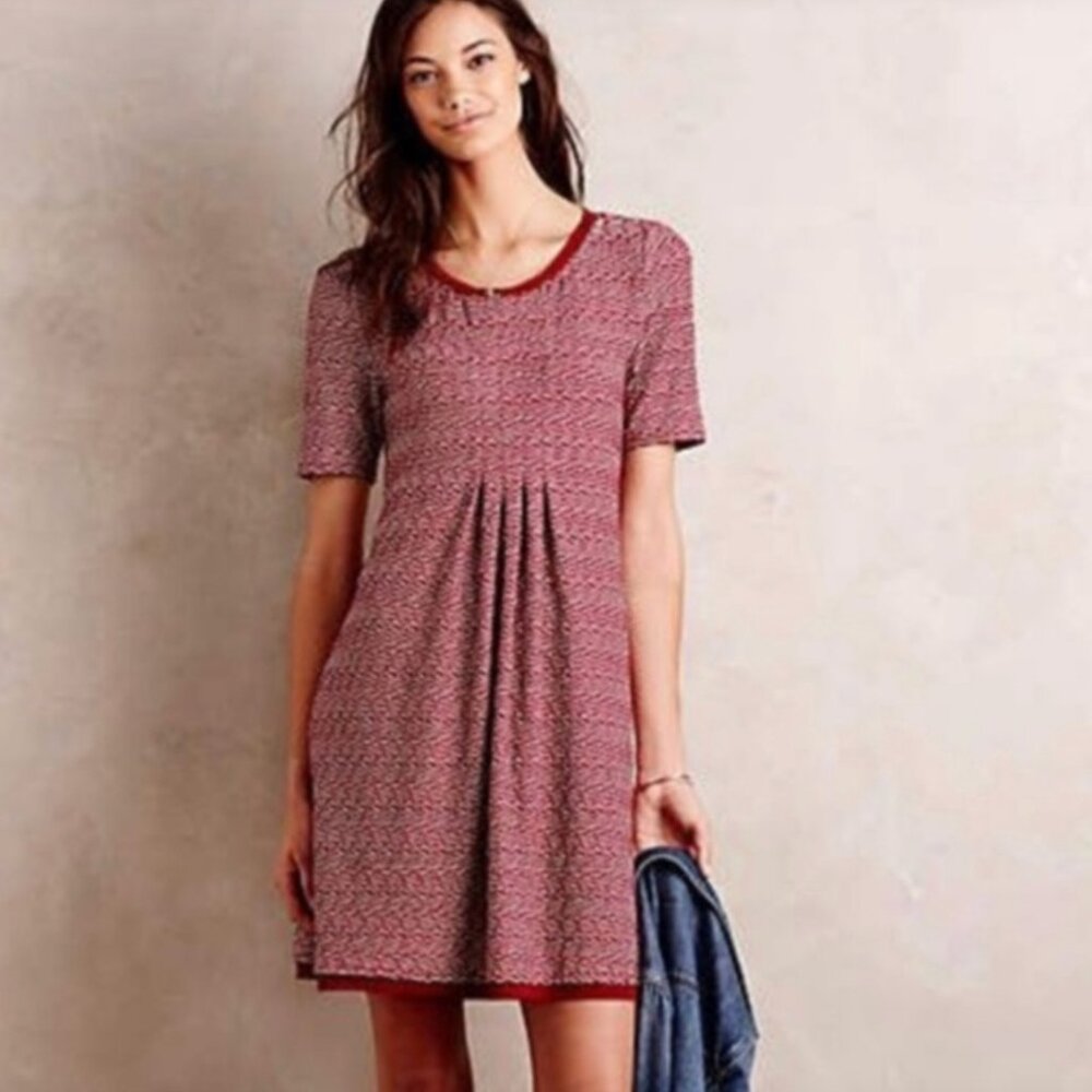 Maeve Dora Short Sleeve Cranberry Red and White Pleated Front Dress Size…